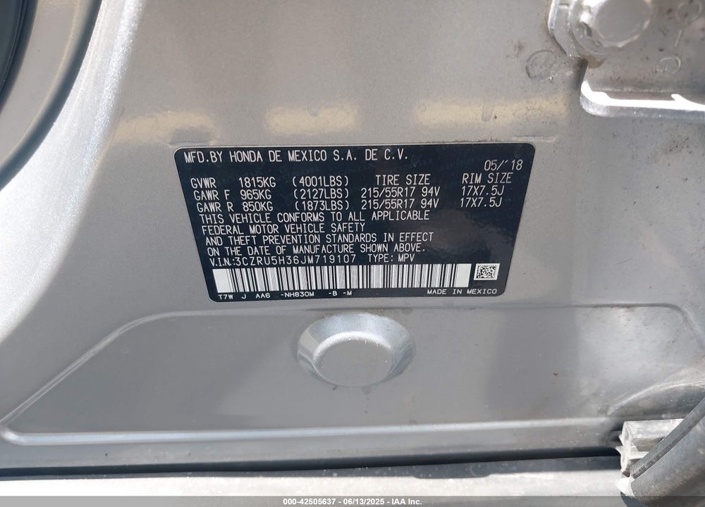 2018 HONDA HR-V VIN: 3CZRU5H36JM719107