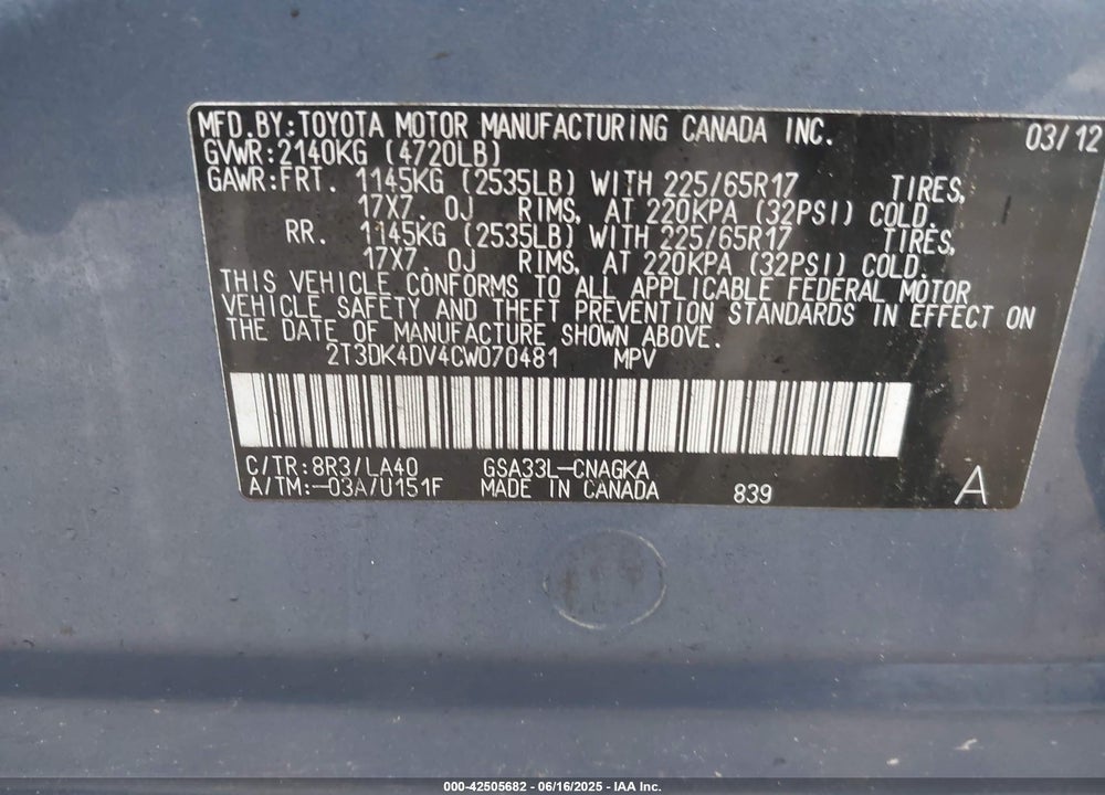 2012 TOYOTA RAV4 VIN: 2T3DK4DV4CW070481