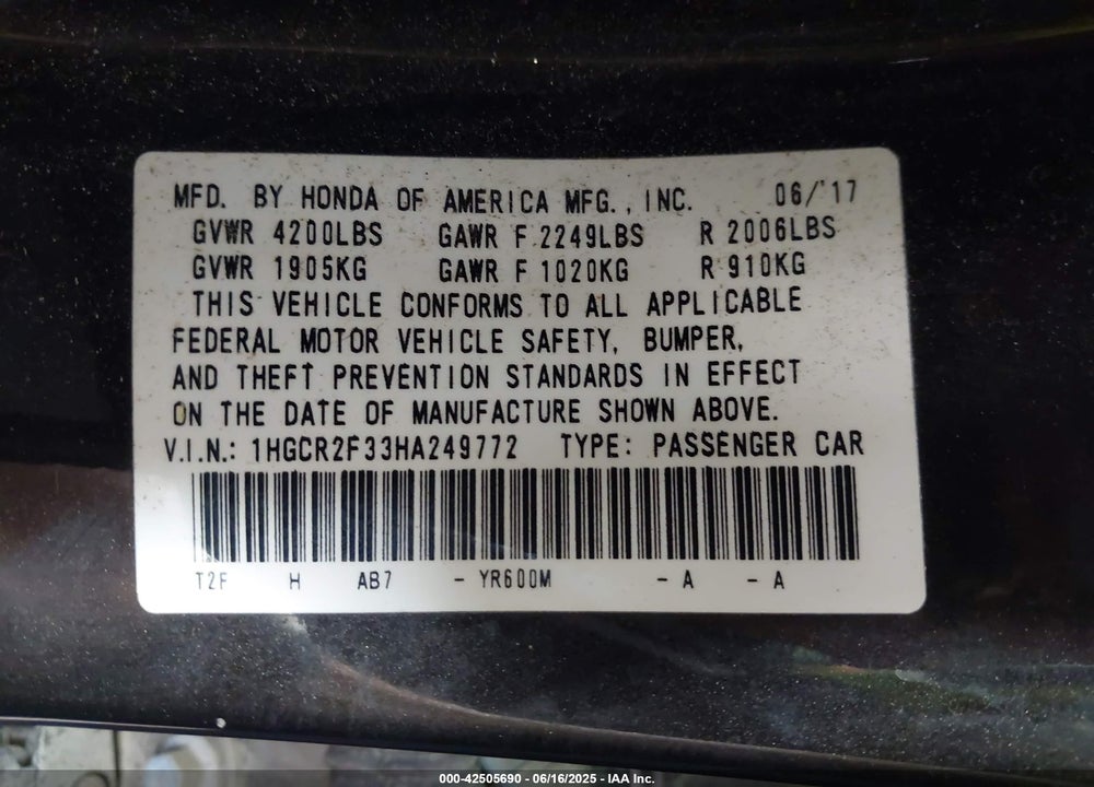 2017 HONDA ACCORD VIN: 1HGCR2F33HA249772