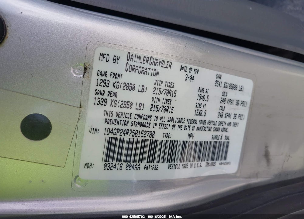 2005 DODGE GRAND CARAVAN SE VIN: 1D4GP24R75B152788
