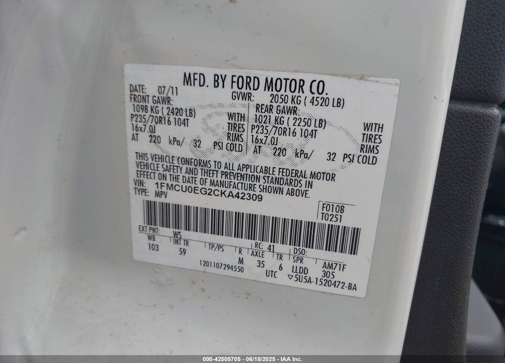 2012 FORD ESCAPE VIN: 1FMCU0EG2CKA42309