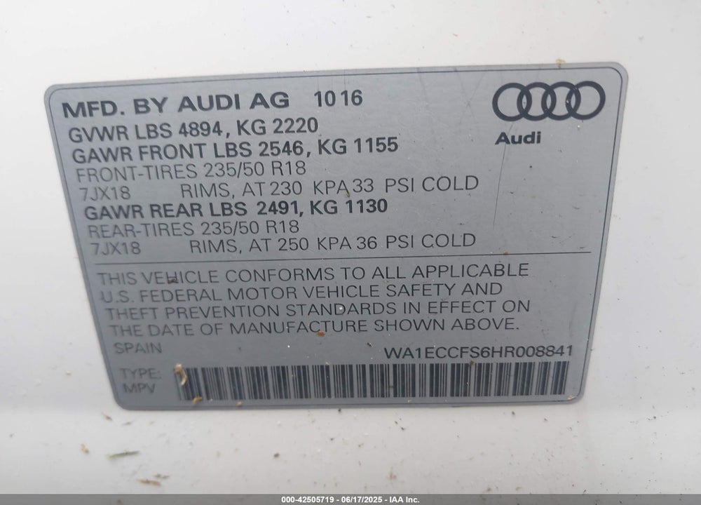 2017 AUDI Q3 VIN: WA1ECCFS6HR008841