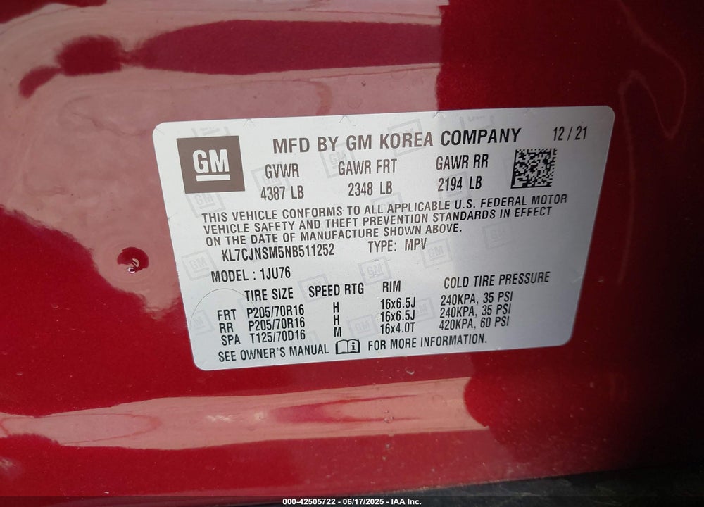 2022 CHEVROLET TRAX VIN: KL7CJNSM5NB511252