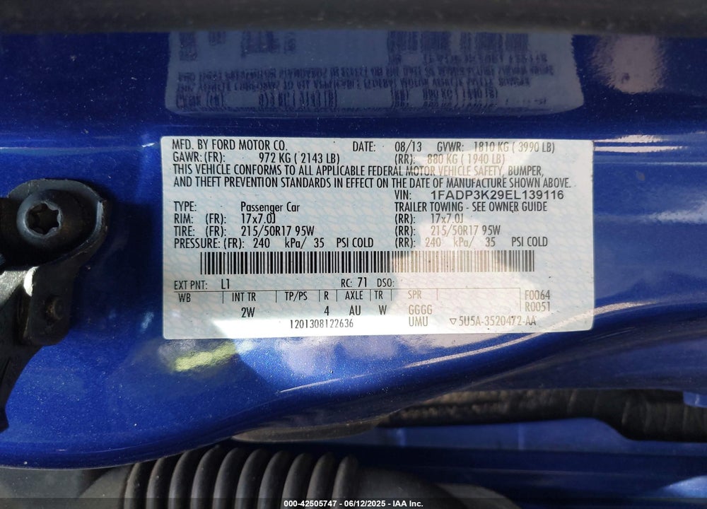 2014 FORD FOCUS VIN: 1FADP3K29EL139116