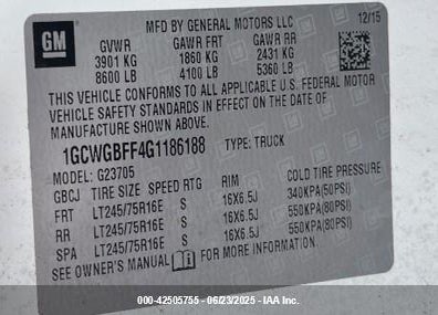2016 CHEVROLET EXPRESS G2500 VIN: 1GCWGBFF4G1186188