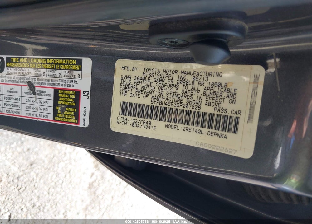 2013 TOYOTA COROLLA LE VIN: 5YFBU4EE3DP207826