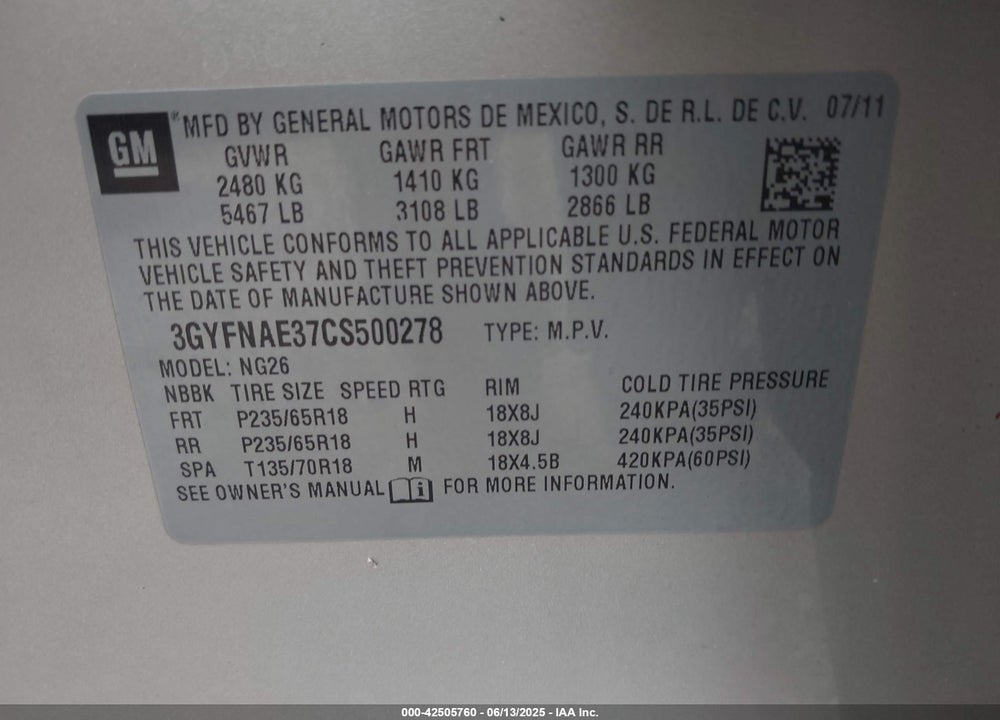 2012 CADILLAC SRX LUXURY COLLECTION VIN: 3GYFNAE37CS500278