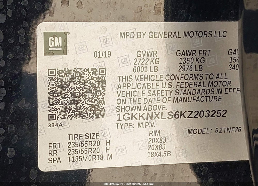 2019 GMC ACADIA VIN: 1GKKNXLS6KZ203252