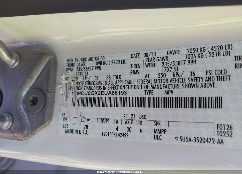 2014 FORD ESCAPE VIN: 1FMCU0GX2EUA66193