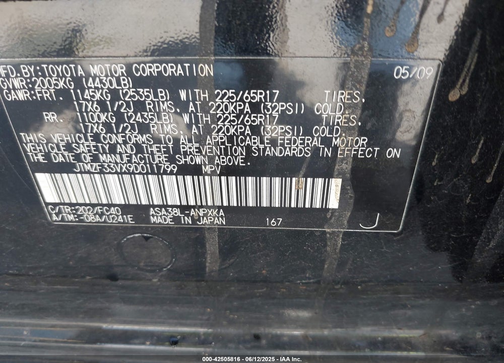2009 TOYOTA RAV4 VIN: JTMZF33VX9D011799