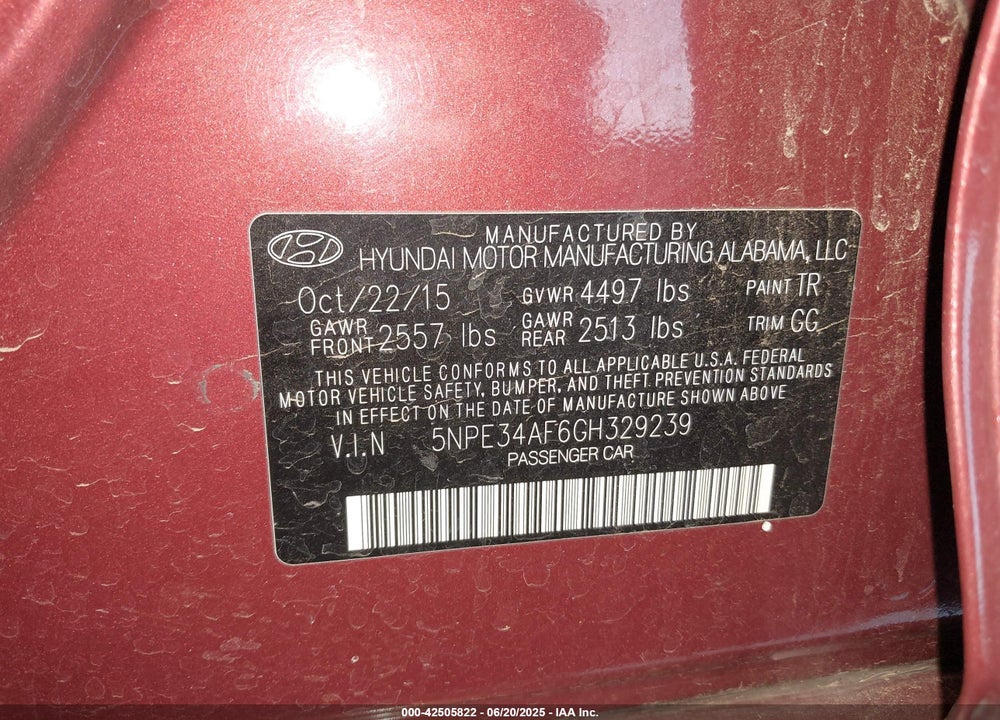2016 HYUNDAI SONATA VIN: 5NPE34AF6GH329239