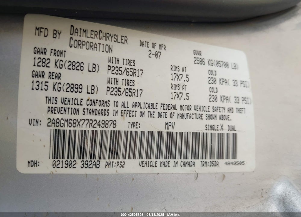 2007 CHRYSLER PACIFICA VIN: 2A8GM68X77R249878