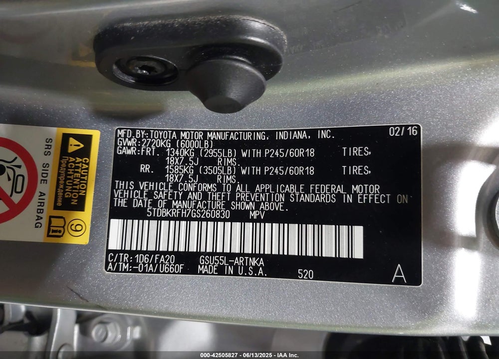 2016 TOYOTA HIGHLANDER LE PLUS V6 VIN: 5TDBKRFH7GS260830