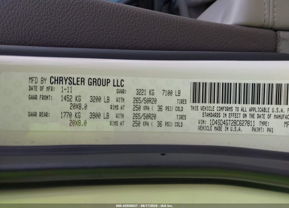2011 DODGE DURANGO VIN: 1D4SD4GT2BC627811