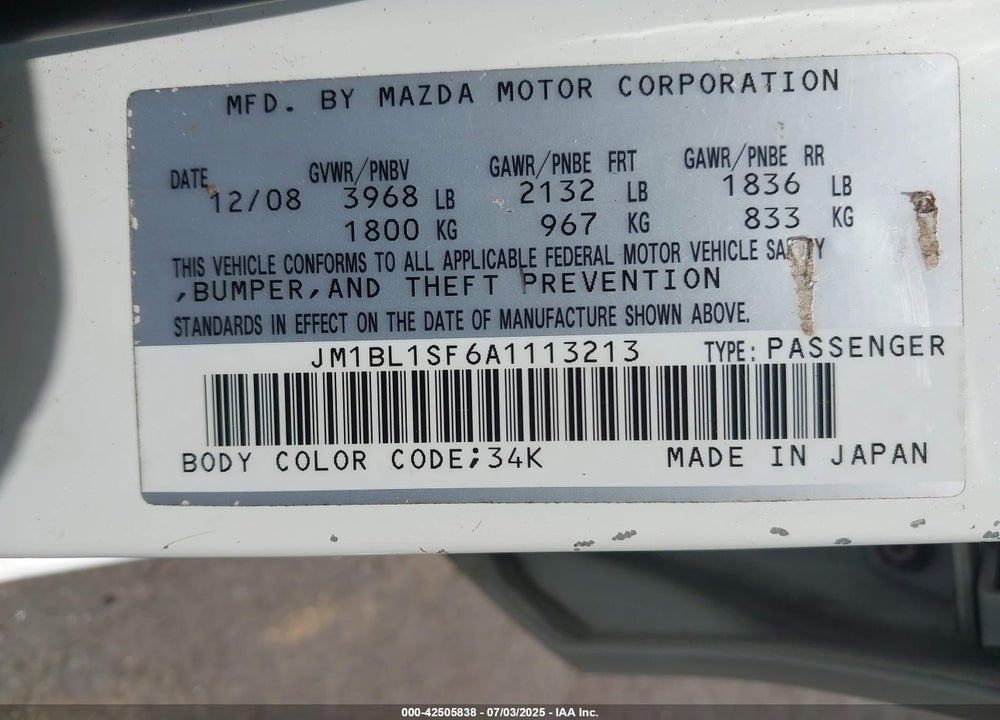 2010 MAZDA MAZDA3 VIN: JM1BL1SF6A1113213