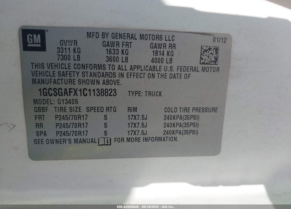 2012 CHEVROLET EXPRESS 1500 WORK VAN VIN: 1GCSGAFX1C1138823