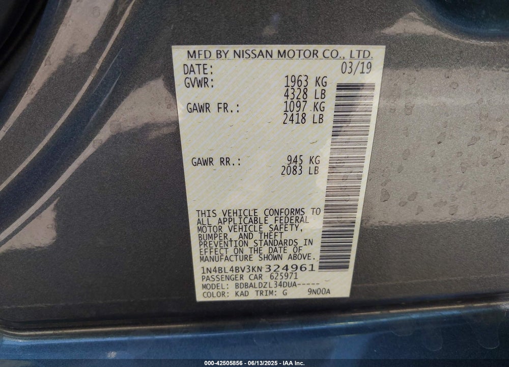 2019 NISSAN ALTIMA VIN: 1N4BL4BV3KN324961