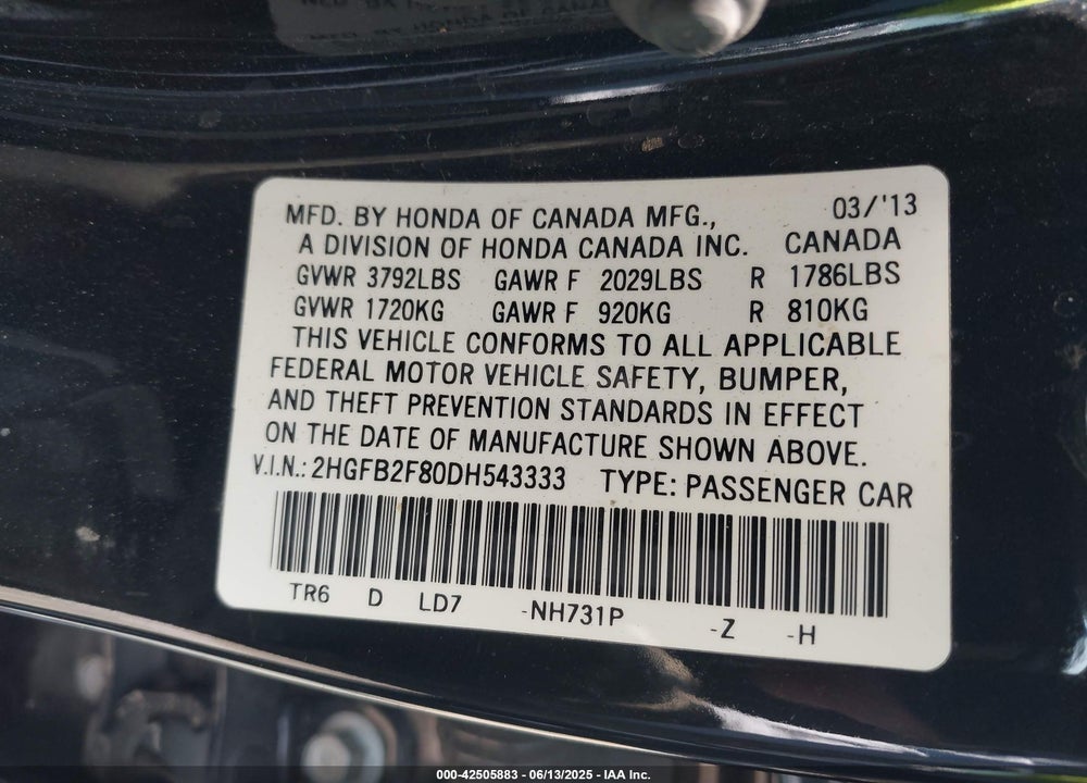 2013 HONDA CIVIC EX VIN: 2HGFB2F80DH548333