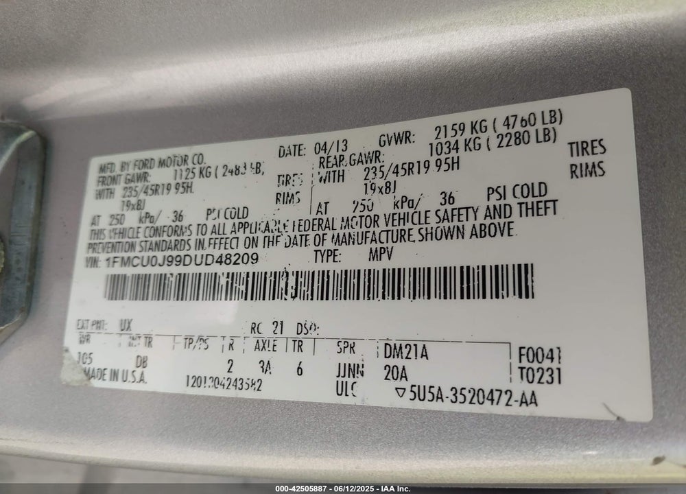2013 FORD ESCAPE TITANIUM VIN: 1FMCU0J99DUD48209
