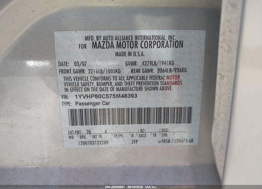 2007 MAZDA MAZDA6 VIN: 1YVHP80C575M48393