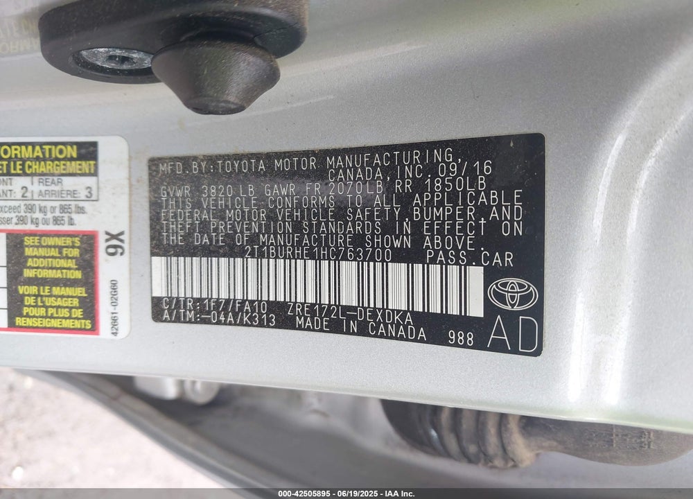 2017 TOYOTA COROLLA VIN: 2T1BURHE1HC763700