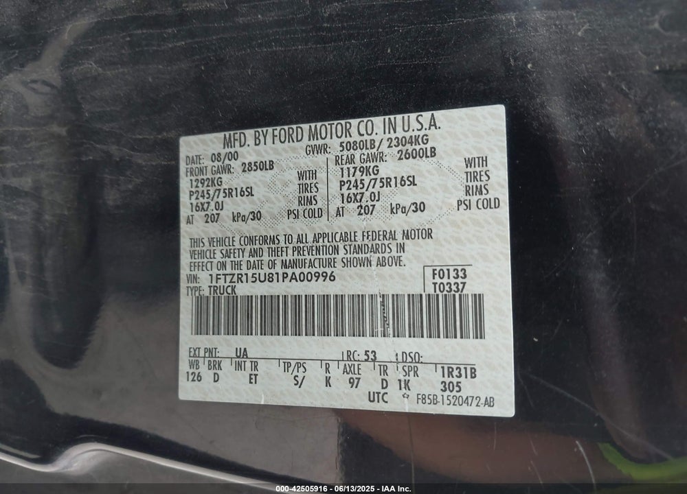 2001 FORD RANGER EDGE/XLT VIN: 1FTZR15U81PA00996
