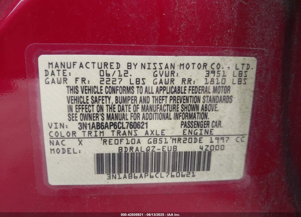 2012 NISSAN SENTRA VIN: 3N1AB6AP6CL760621