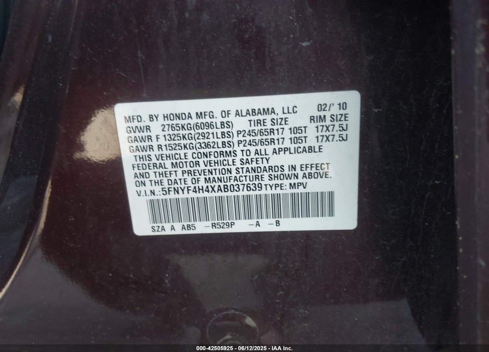 2010 HONDA PILOT VIN: 5FNYF4H4XAB037639