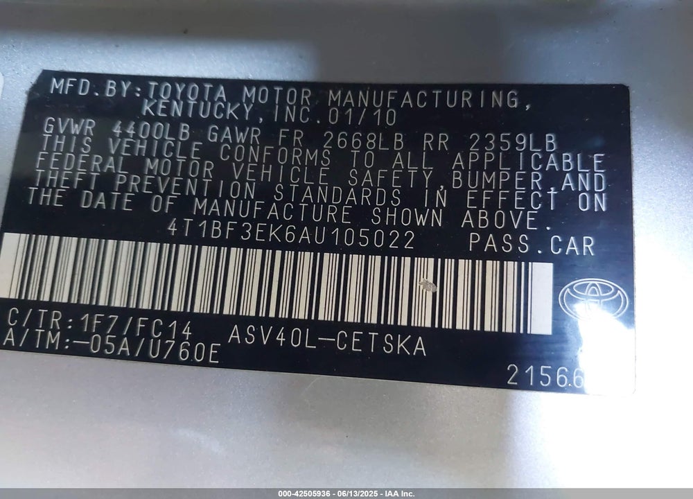 2010 TOYOTA CAMRY SE VIN: 4T1BF3EK6AU105022