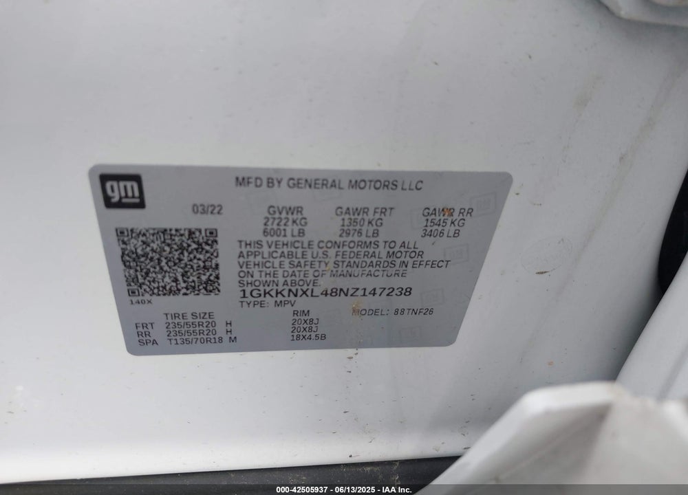2022 GMC ACADIA VIN: 1GKKNXL48NZ147238