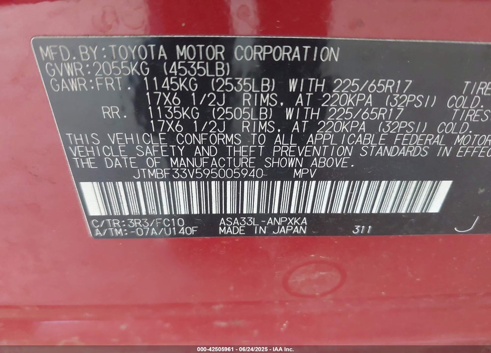 2009 TOYOTA RAV4 VIN: JTMBF33V595005940