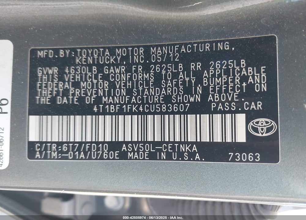 2012 TOYOTA CAMRY LE VIN: 4T1BF1FK4CU583607