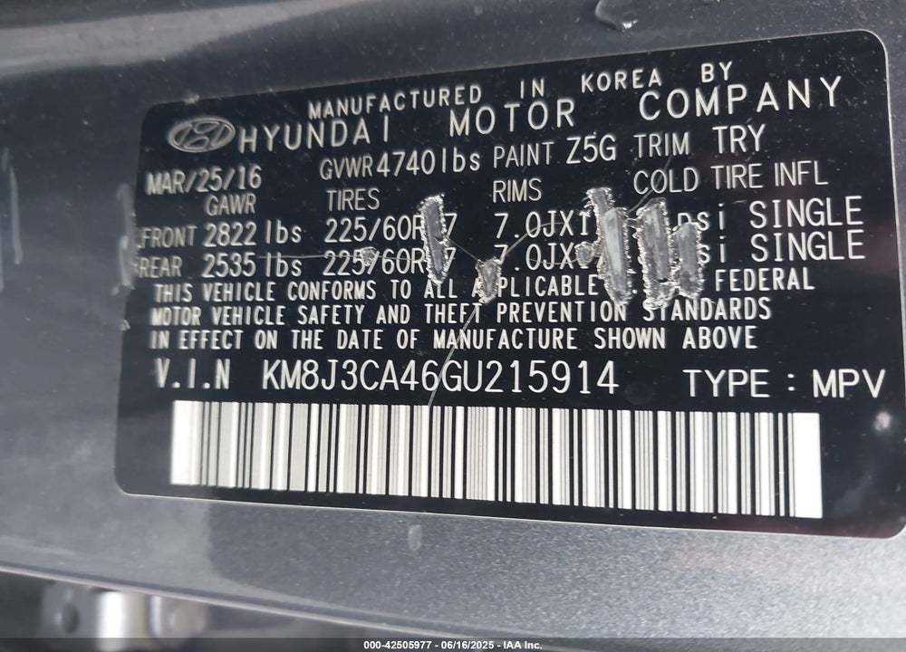 2016 HYUNDAI TUCSON VIN: KM8J3CA46GU215914