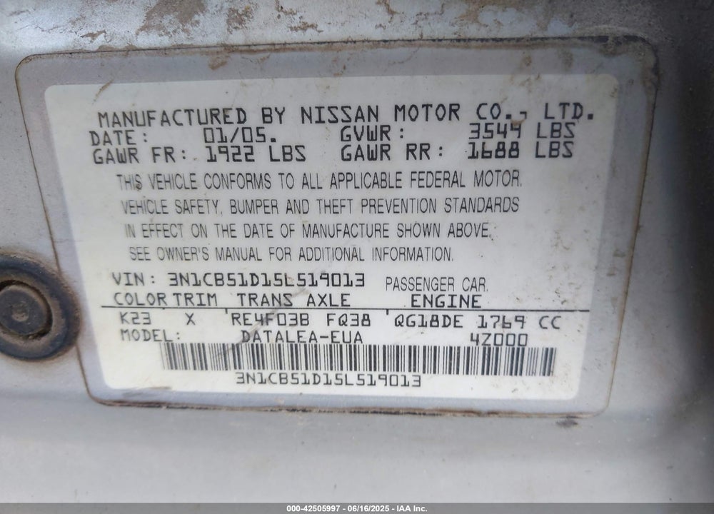 2005 NISSAN SENTRA 1.8S VIN: 3N1CB51D15L519013