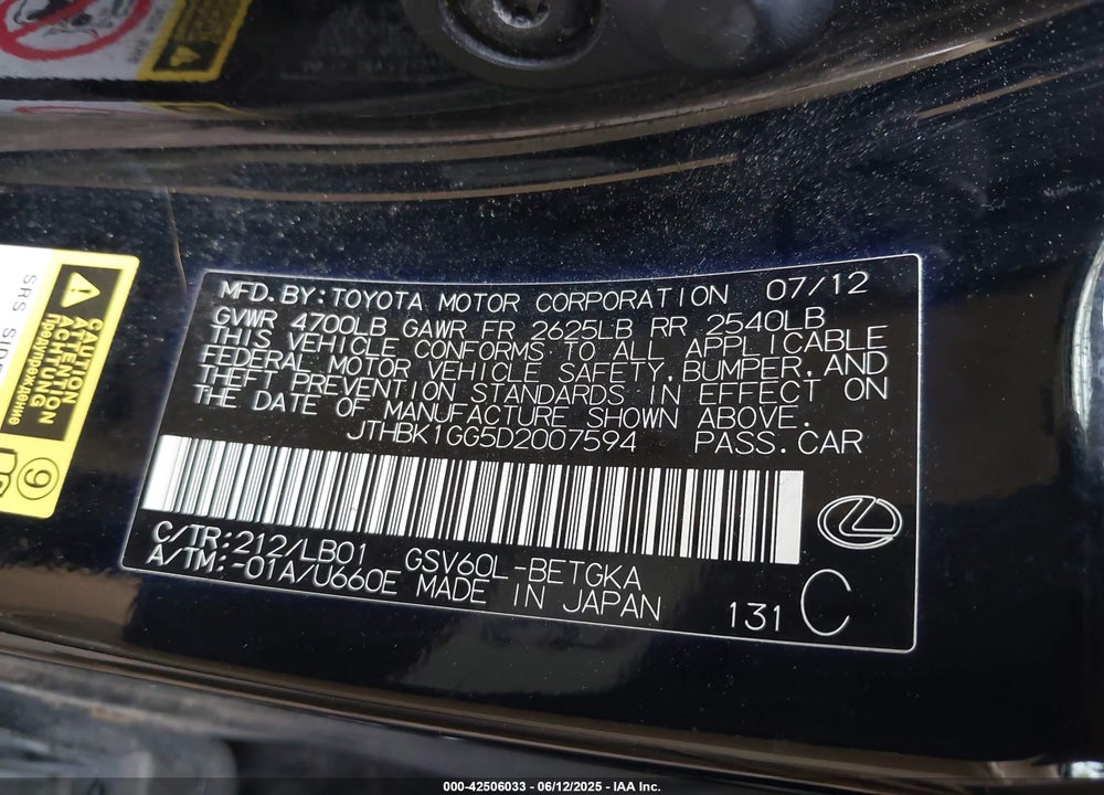 2013 LEXUS ES 350 VIN: JTHBK1GG5D2007594
