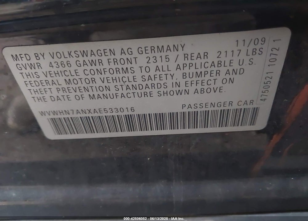 2010 VOLKSWAGEN CC LUXURY VIN: WVWHN7ANXAE533016