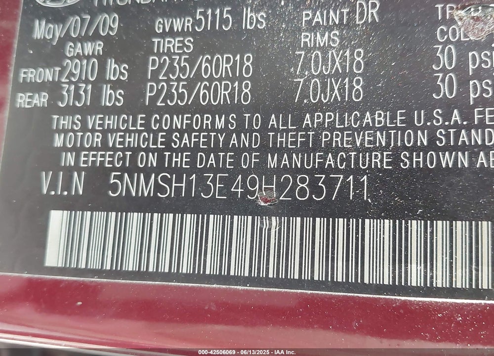 2009 HYUNDAI SANTA FE VIN: 5NMSH13E49H283711