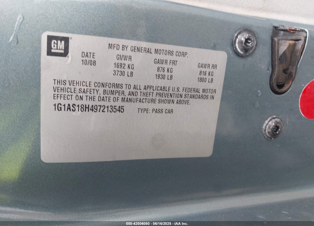 2009 CHEVROLET COBALT LS VIN: 1G1AS18H497213545