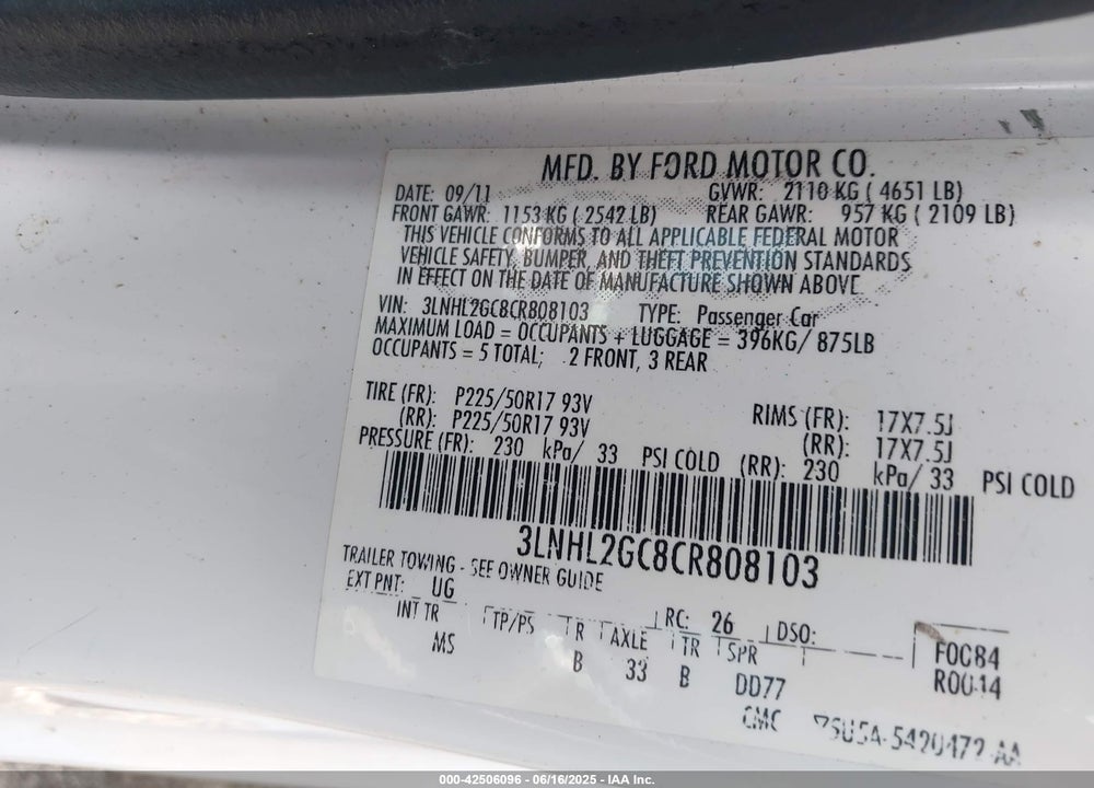 2012 LINCOLN MKZ VIN: 3LNHL2GC8CR808103