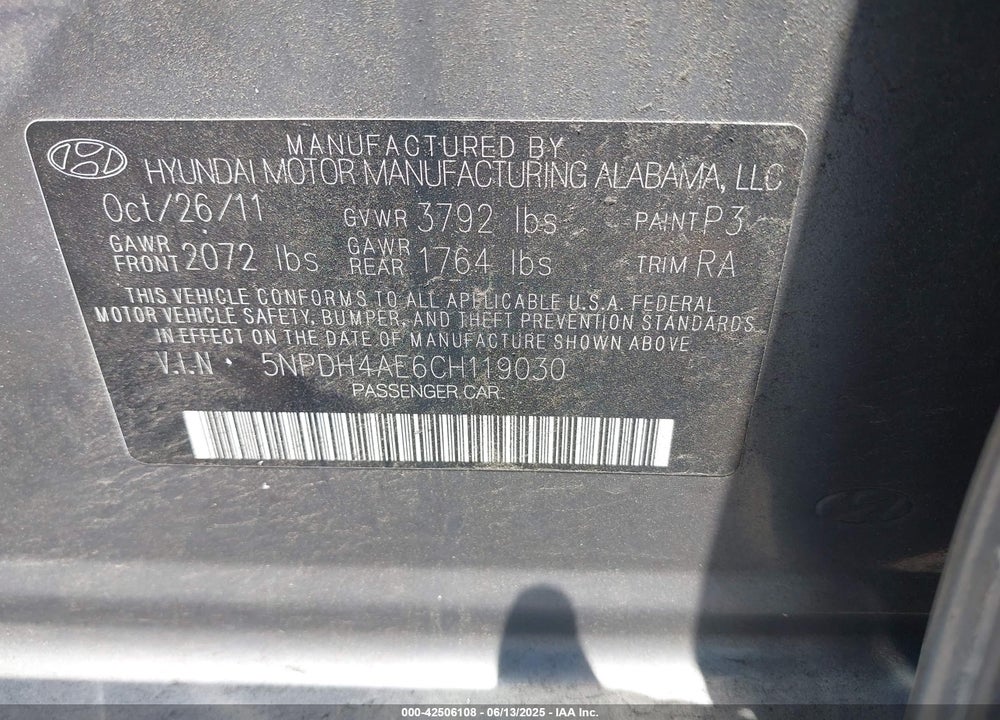 2012 HYUNDAI ELANTRA GLS VIN: 5NPDH4AE6CH119030