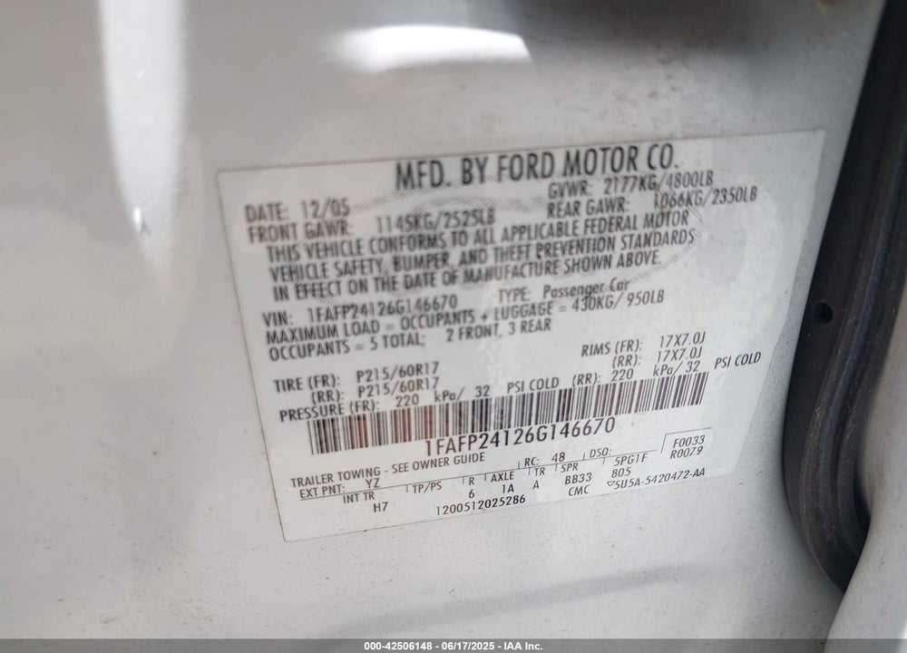2006 FORD FIVE HUNDRED VIN: 1FAFP24126G146670