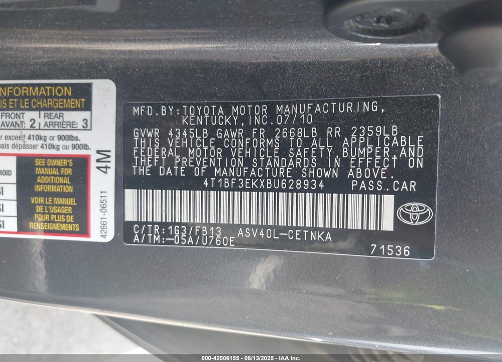 2011 TOYOTA CAMRY VIN: 4T1BF3EKXBU628934