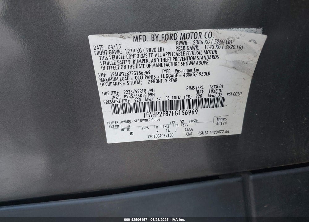 2015 FORD TAURUS VIN: 1FAHP2E87FG156969