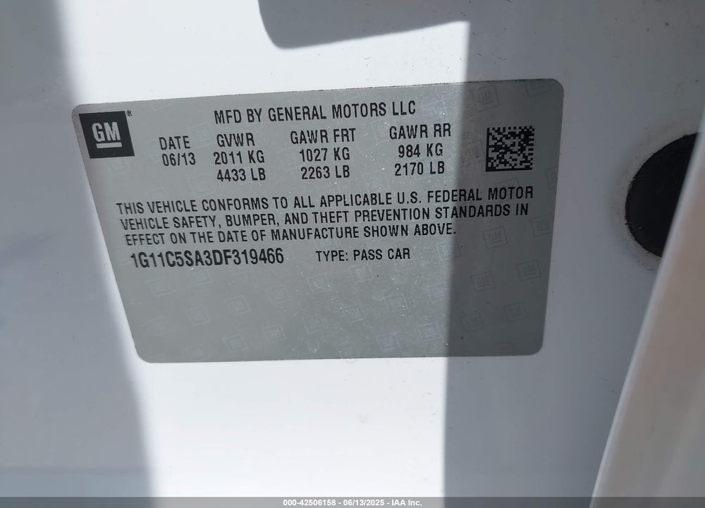2013 CHEVROLET MALIBU 1LT VIN: 1G11C5SA3DF319466