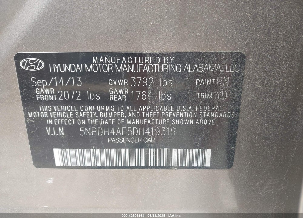 2013 HYUNDAI ELANTRA VIN: 5NPDH4AE5DH419319