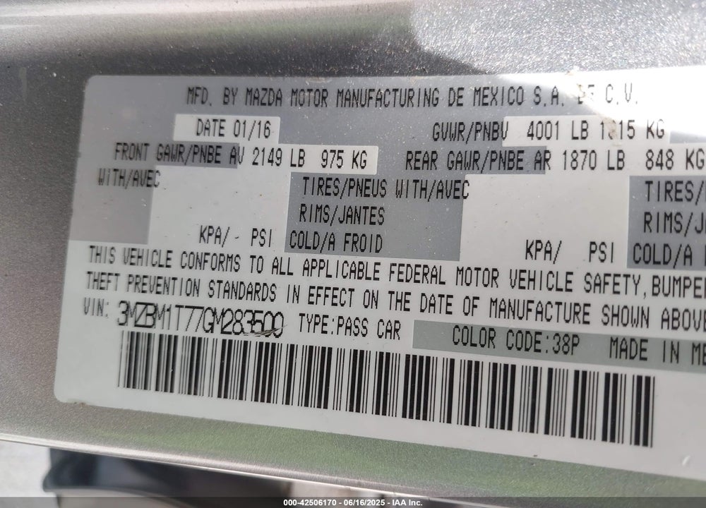 2016 MAZDA MAZDA3 VIN: 3MZBM1T77GM283500