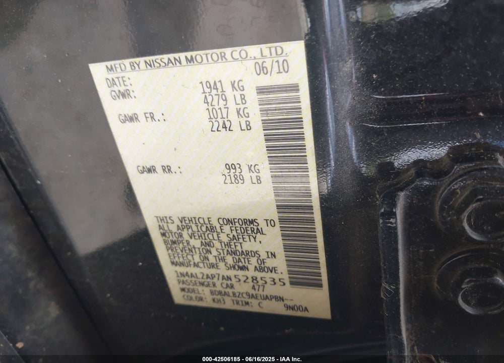 2010 NISSAN ALTIMA VIN: 1N4AL2AP7AN528535