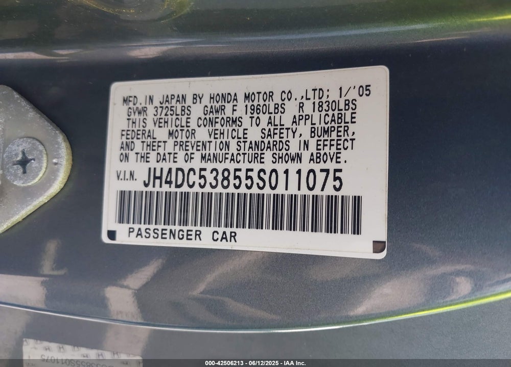2005 ACURA RSX VIN: JH4DC53855S011075