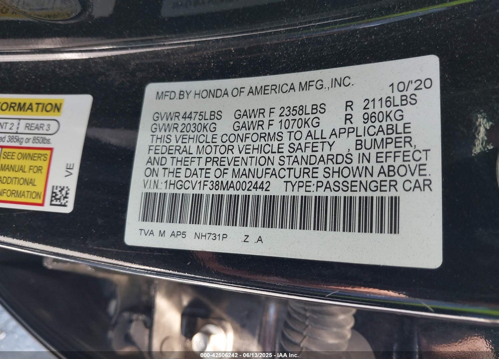 2021 HONDA ACCORD VIN: 1HGCV1F38MA002442
