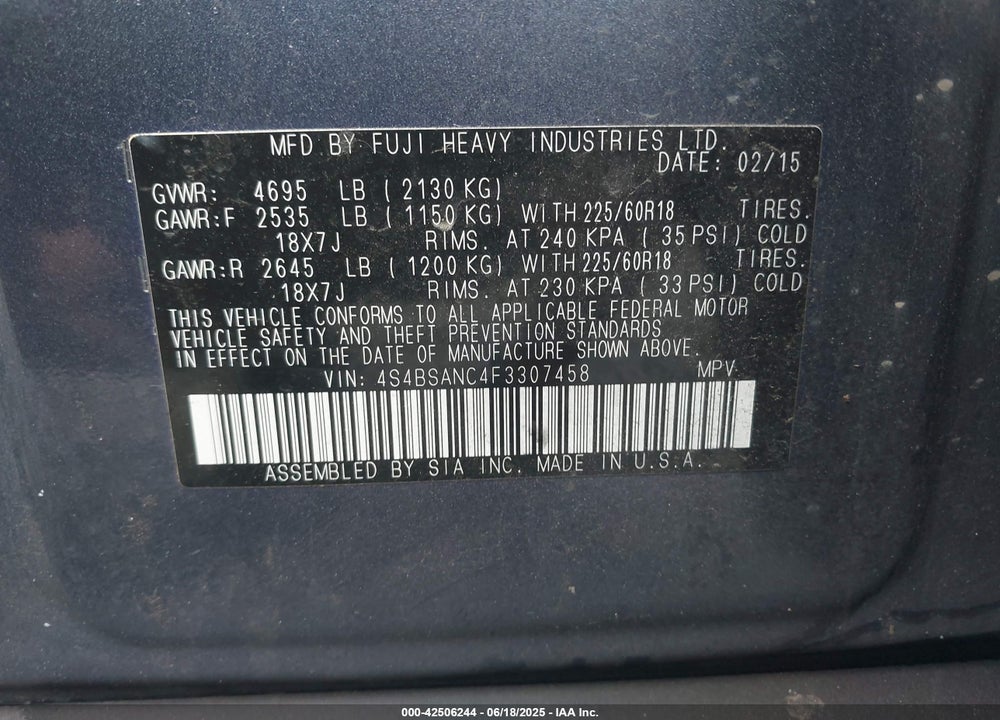 2015 SUBARU OUTBACK 2.5I LIMITED VIN: 4S4BSANC4F3307458